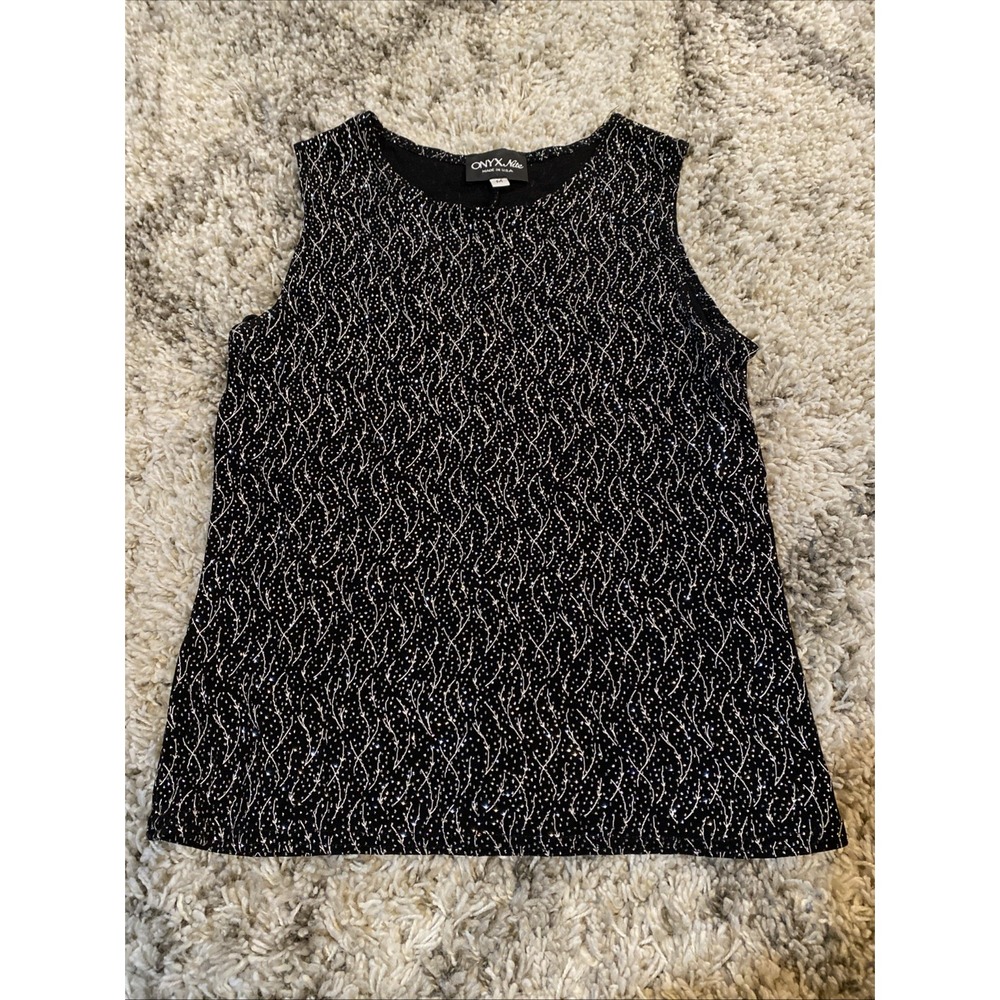 Onyx Nite Womens Black Silver Glitter Sleeveless Tank Top Evening Party Size‎ M
